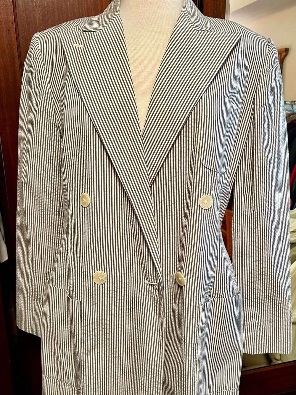 Lauren Ralph Lauren Striped Seersucker Double-Breasted Blazer in Navy and White